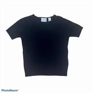 FIRST ISSUE LIZ CLAIBORNE Black Ribbed Short Sleeve Sweater Sz P